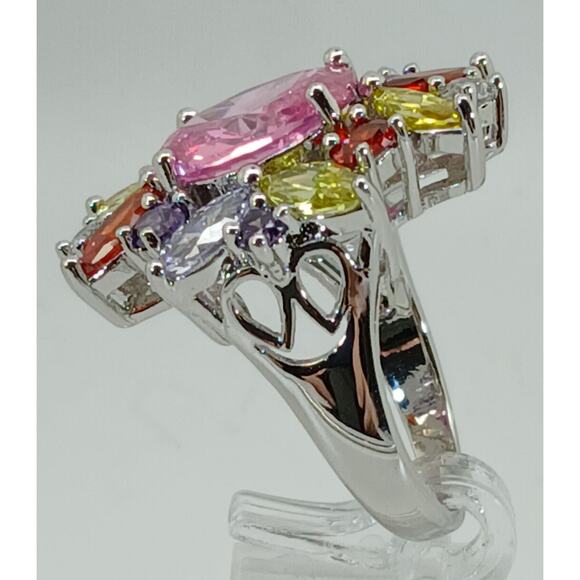 Vintage Ring Size 8 Silver Tone White Gold GP Pink CZ Diamond Cocktail - Picture 10 of 10